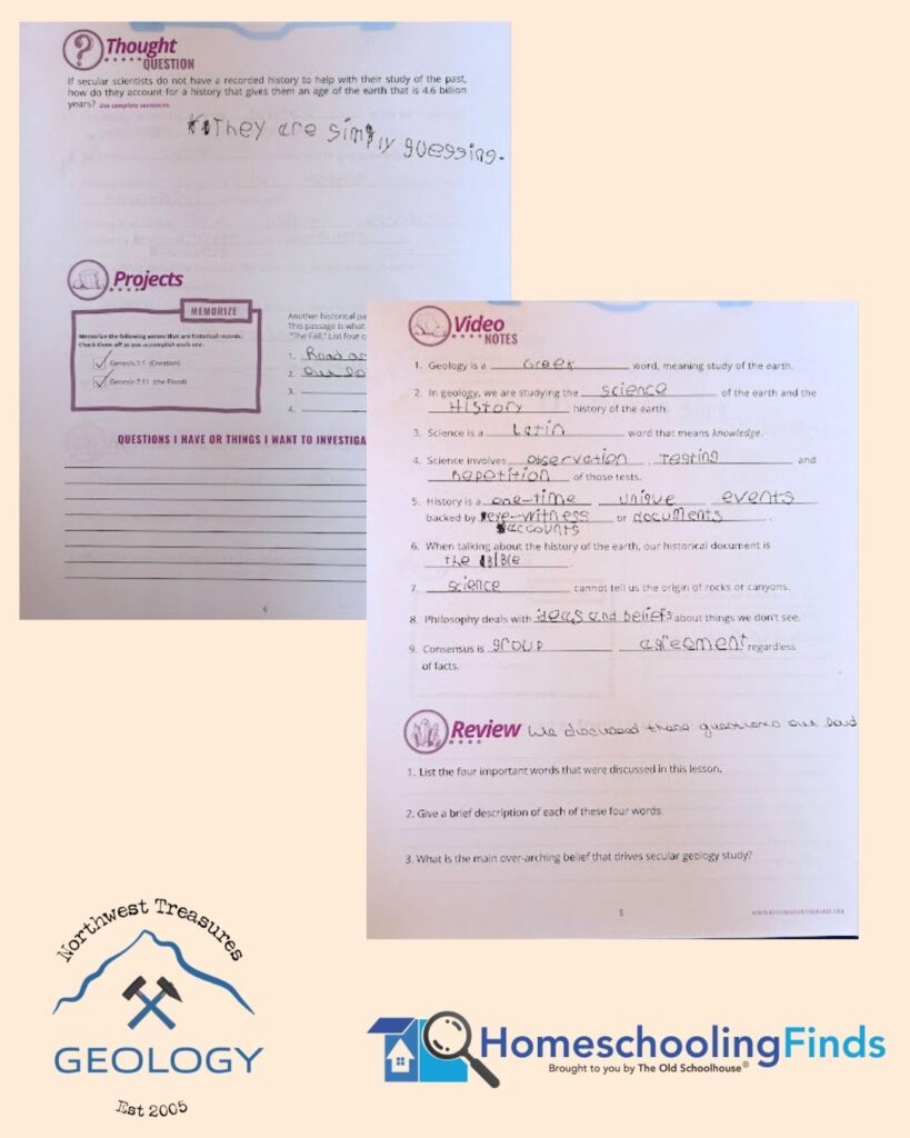 Exploring God's Creation; student worksheets from Northwest Treasures geology course