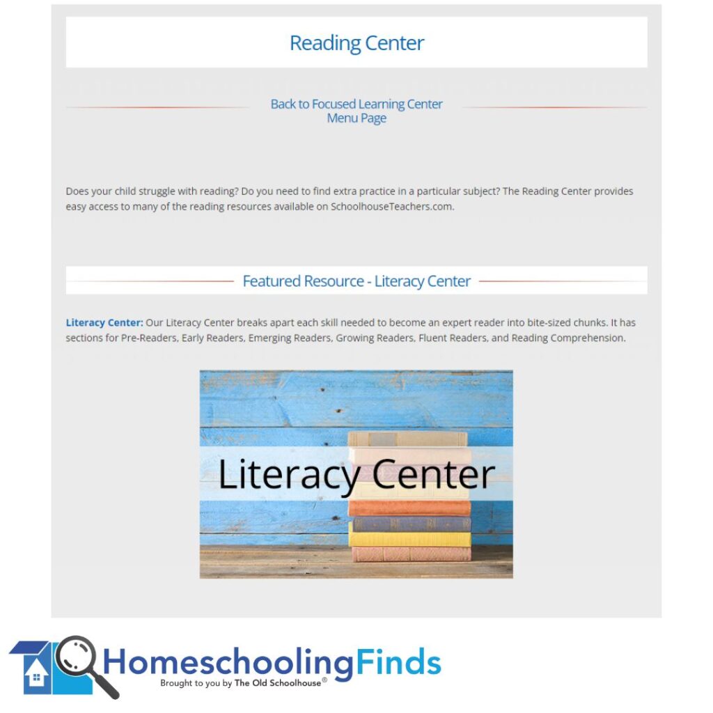 The Focus on Reading Center at SchoolhouseTeachers.com; Literacy Center