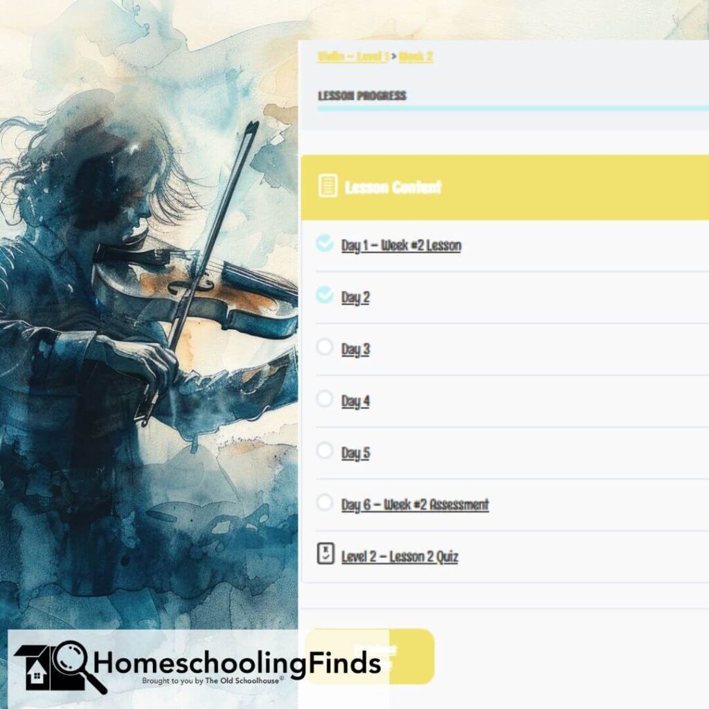 Sarah Strings lesson menu and drawing of a child playing a violin