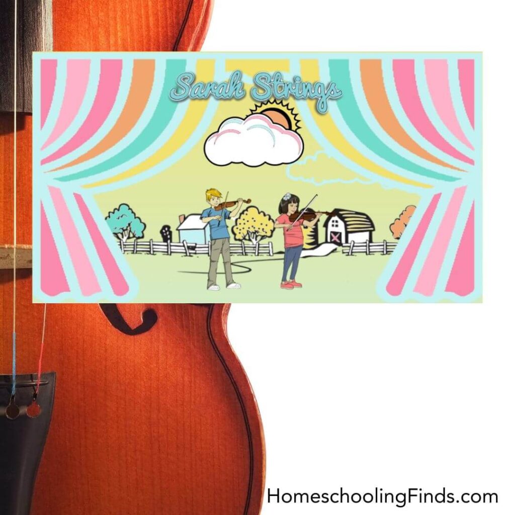 Sarah Strings logo on background of a violin