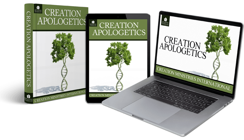 Creation Apologetics course cover on book, tablet, and laptop from SchoolhouseTeachers.com
