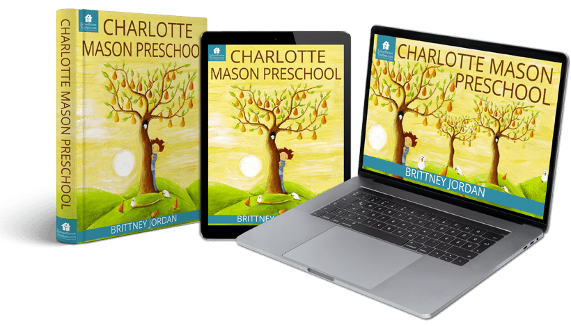 Charlotte Mason Preschool SchoolhouseTeachers.com cover cover on book, tablet, and laptop