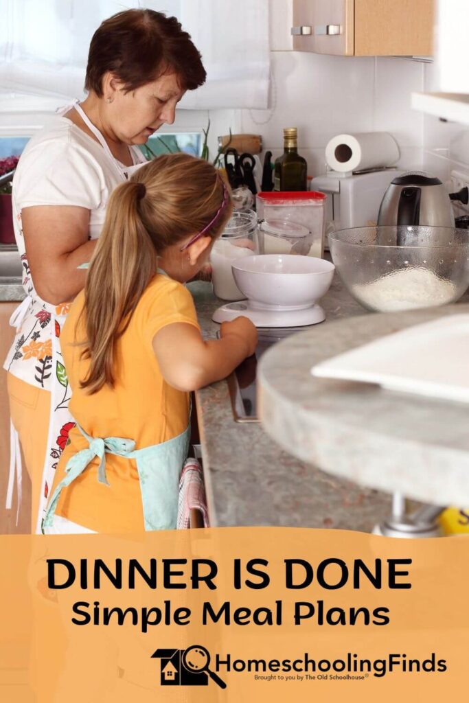Dinner is Done: simple meal plans; child and older woman working in kitchen